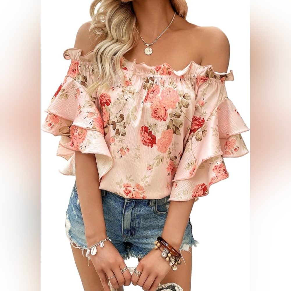 Assorted Sizes-Floral Print with Ruffled Off Shoulder Top- NWT